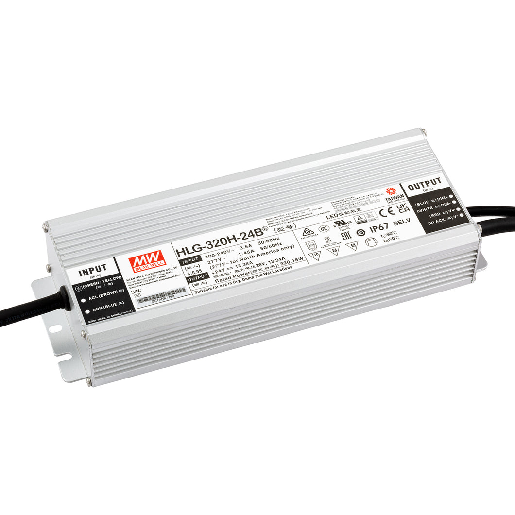 Mean Well HLG-320H-24B 320W 24V DC Switching Power Supply / LED Driver - Dual Mode CV + CC Output, 3 in 1 Dimming Function