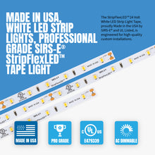 Load image into Gallery viewer, SIRS-E White LED Strip Lights, StripFlexLED Professional Grade Flexible Tape, 24V 60 LEDs/m for Versatile Lighting, Made in USA, UL Listed
