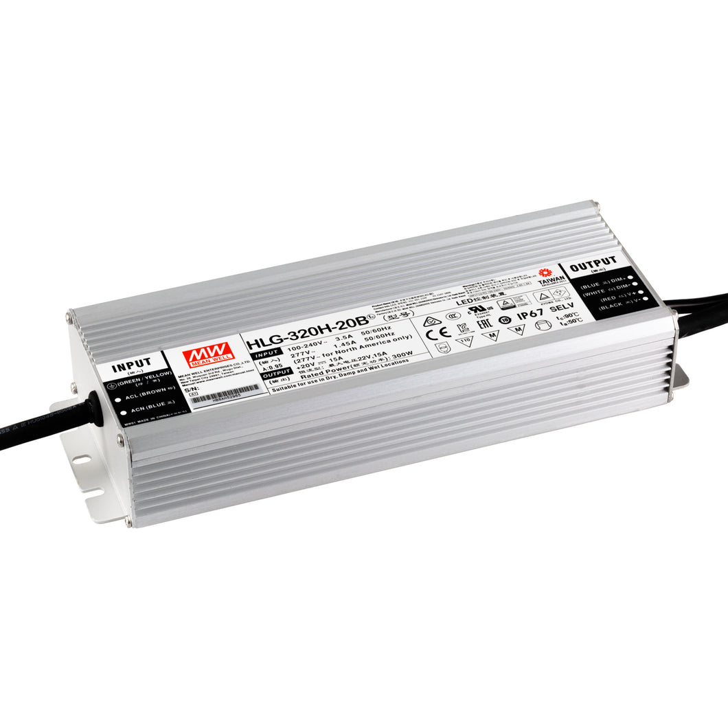 Mean Well HLG-320H-20B 320W 20V DC Switching Power Supply / LED Driver - Dual Mode CV + CC Output, 3 in 1 Dimming Function