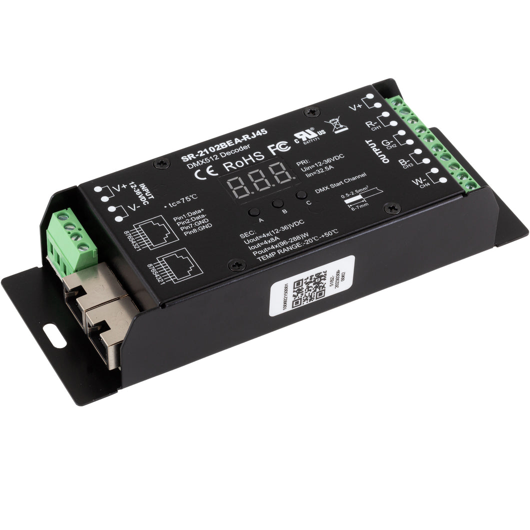 SIRS-E LED DMX Decoder 4 Channel RGB & RGBW Controller 8A/CH, 12-36V DC, 384-1152W, UL Recognized