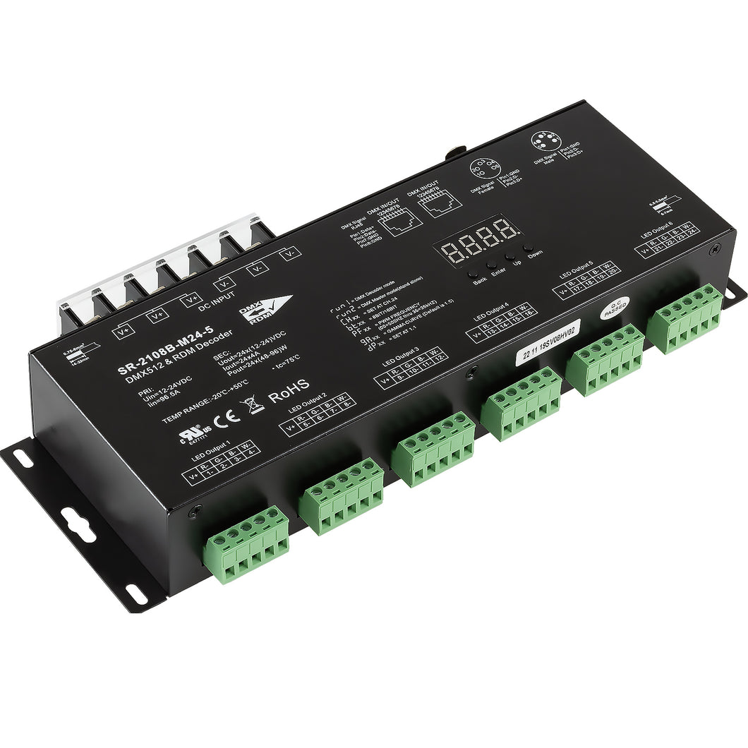 SIRS-E LED DMX RDM Decoder 24 Channel RGB & RGBW Controller 4A/CH, 12-24V DC, 1152-2304W, UL Recognized