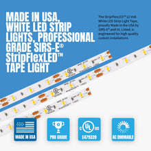 Load image into Gallery viewer, SIRS-E White LED Strip Lights, StripFlexLED Professional Grade Flexible Tape, 12V 120 LEDs/m for Versatile Lighting, Made in USA, UL Listed
