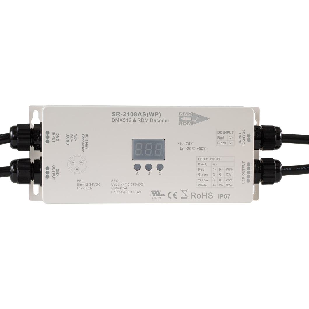 SIRS-E LED DMX & RDM Waterproof Decoder 4 Channel RGB & RGBW Decoder 5A/CH, 12-36V DC, 240-720W, UL Recognized