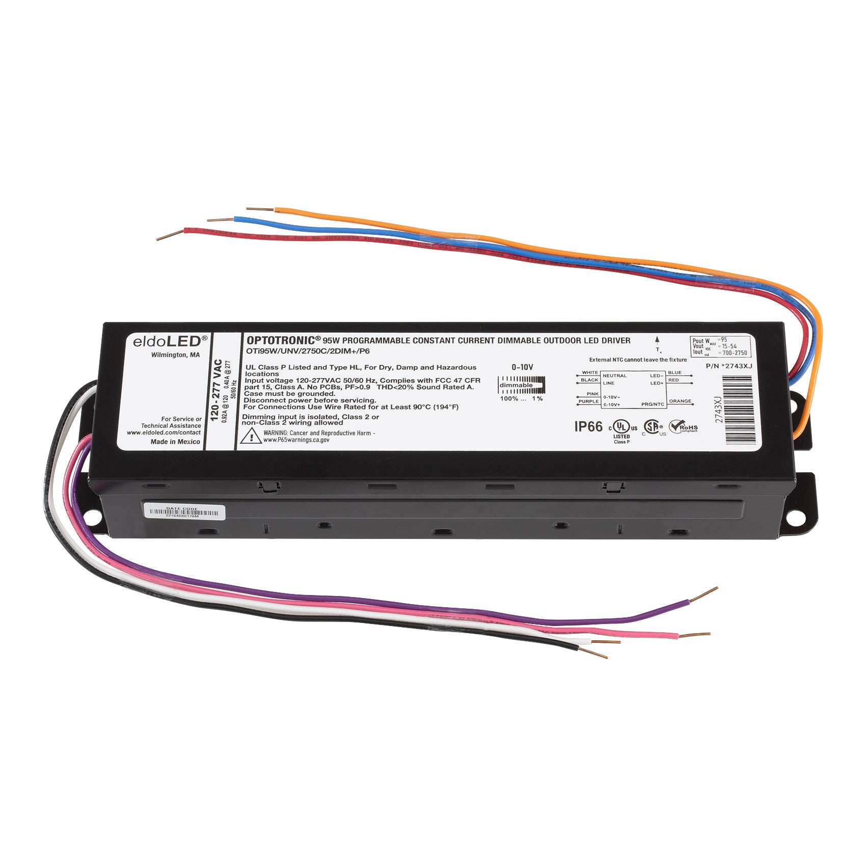 eldoLED *2743XJ OPTOTRONIC 95W Constant Current 0-10V Dimmable LED Driver,  Programmable Outdoor OTi95W/UNV/2750C/2DIM+/P6 (Osram 57509)