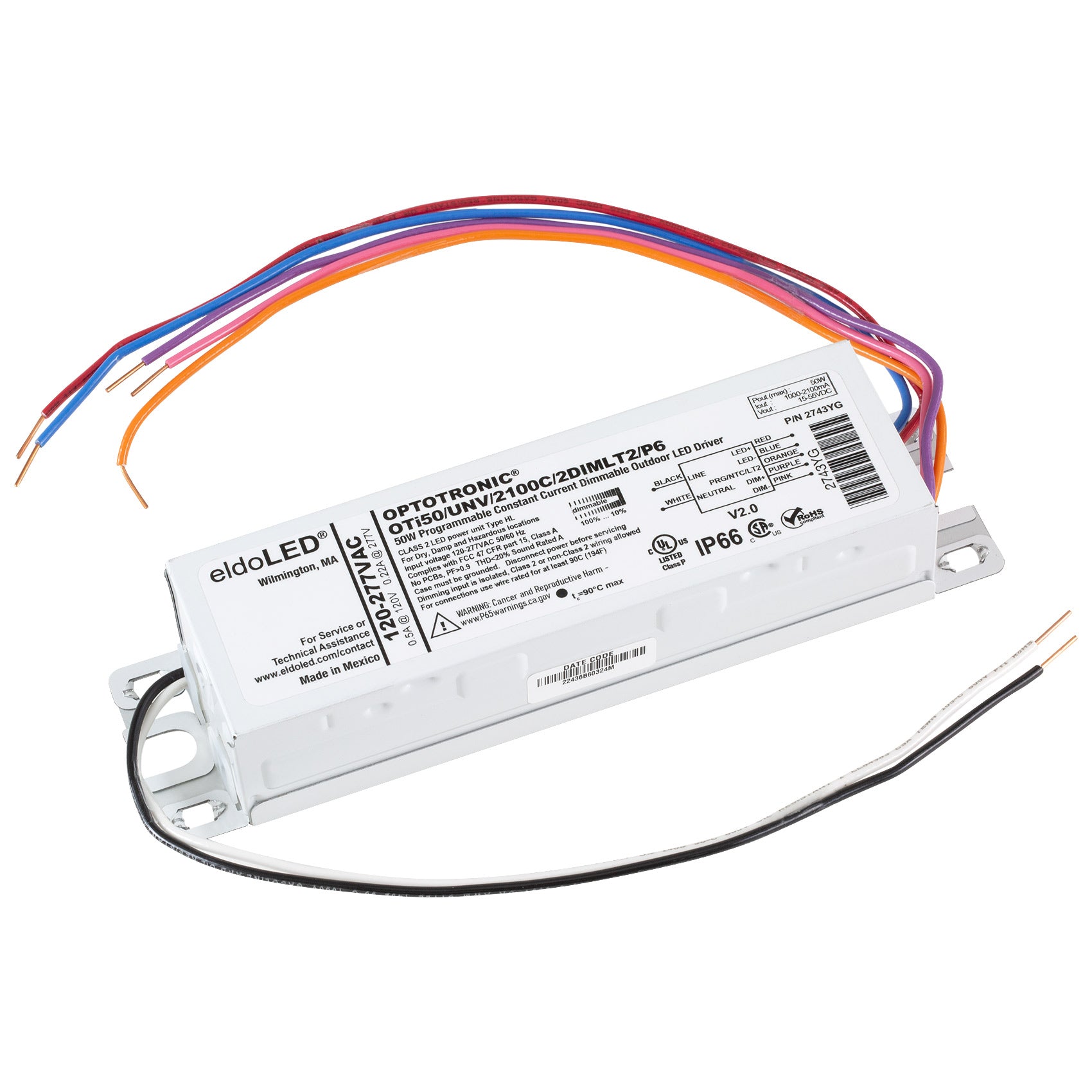 eldoLED *2743YG OPTOTRONIC 50W Constant Current 0-10V Dimmable LED Driver,  Programmable Outdoor OTi50W/UNV/2100C/2DIMLT2/P6 (Osram 79278)