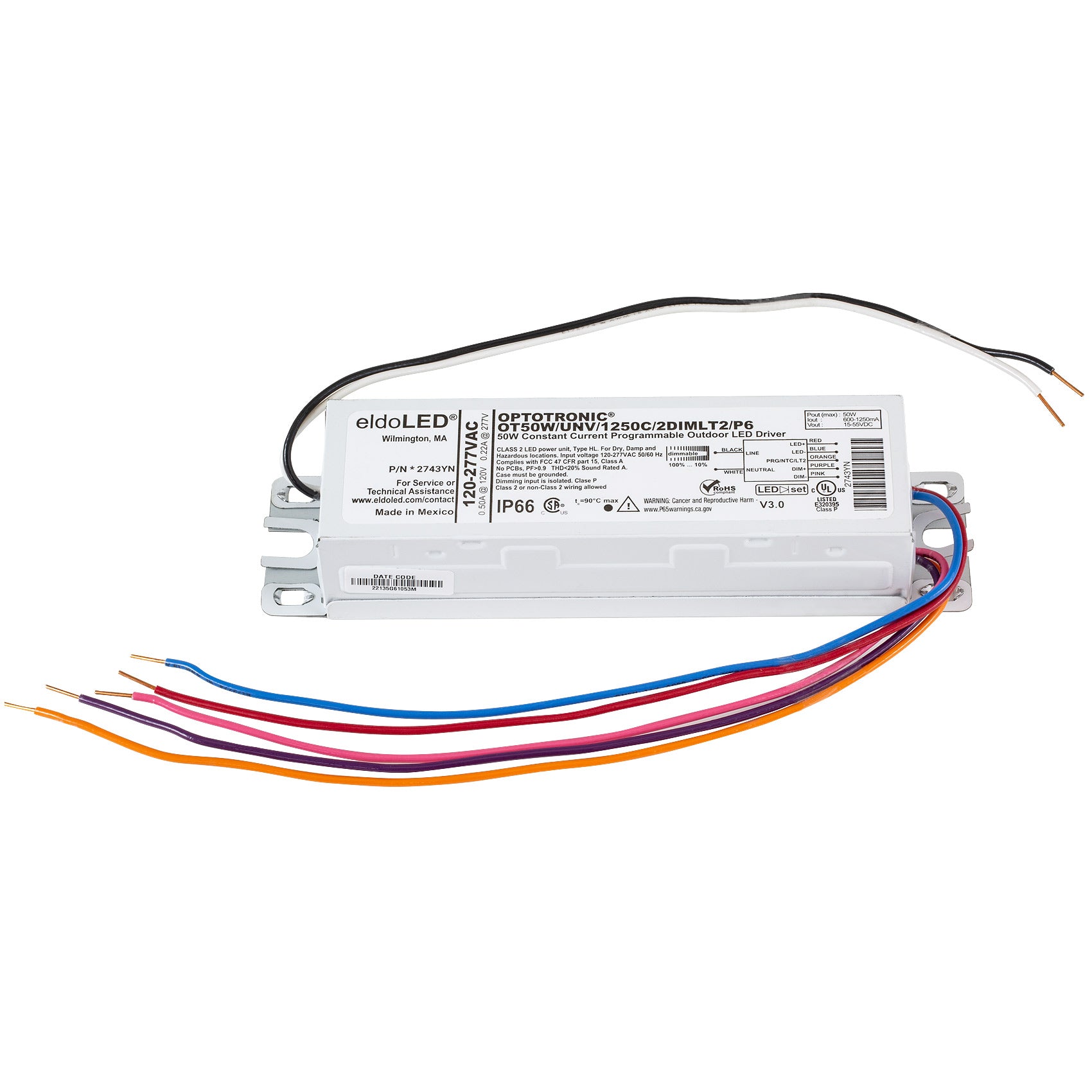 eldoLED *2743YN OPTOTRONIC 50W Constant Current 0-10V Dimmable LED Driver,  Programmable Outdoor OT50W/UNV/1250C/2DIMLT2/P6 (Osram 79371)