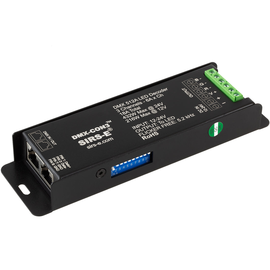 SIRS-E DMX-CON3 LED DMX Decoder 3 Channel RGB Controller 6A/CH, 12-24V DC, 216-432W