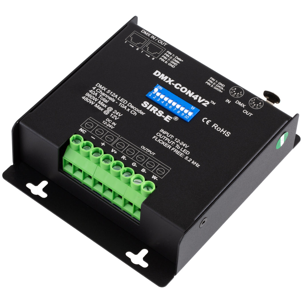 SIRS-E DMX-CON4V2 LED DMX Decoder 4 Channel RGB & RGBW Controller 10A/CH, 12-24V DC, 480-960W