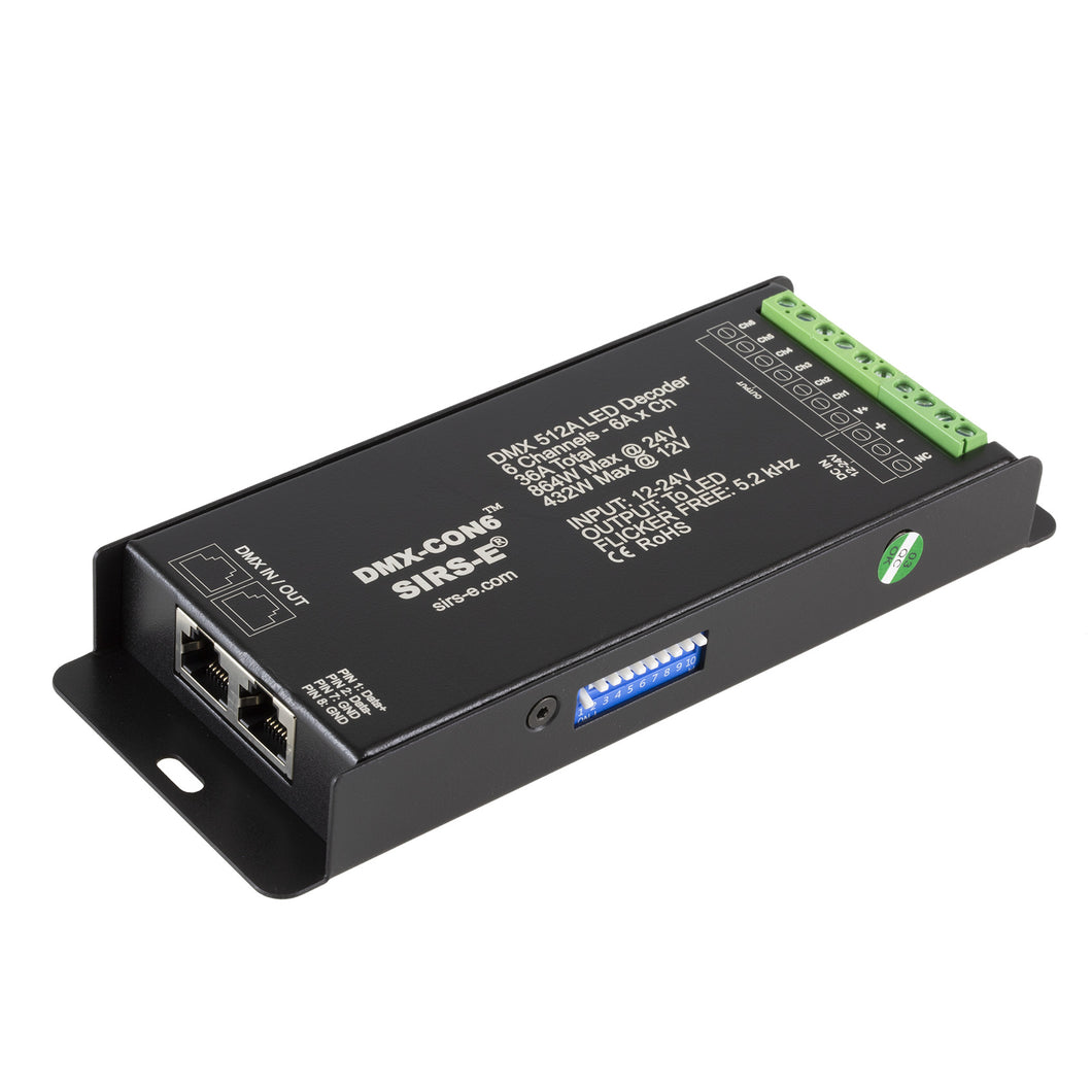 SIRS-E DMX-CON6 LED DMX Decoder 6 Channel RGB Controller 6A/CH, 12-24V DC, 432-864W