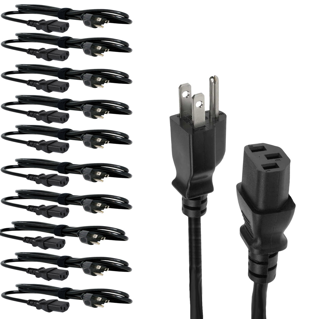 Pack of 10 - SIRS-E 4ft Heavy Duty 18 AWG NEMA 5-15P to C13 Standard Power Cord