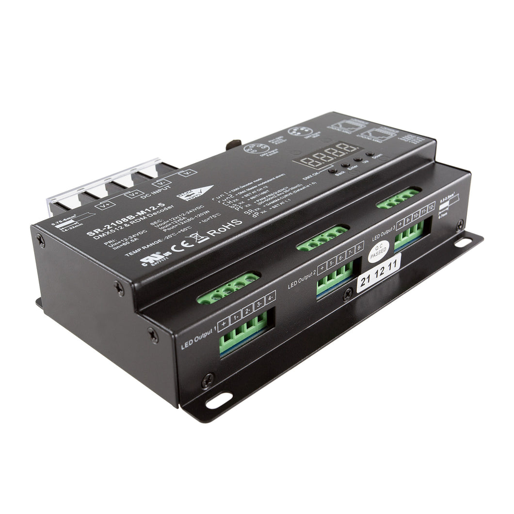 SIRS-E LED DMX RDM Decoder 12 Channel RGB & RGBW Controller 5A/CH, 12-24V DC, 720-1440W, UL Recognized