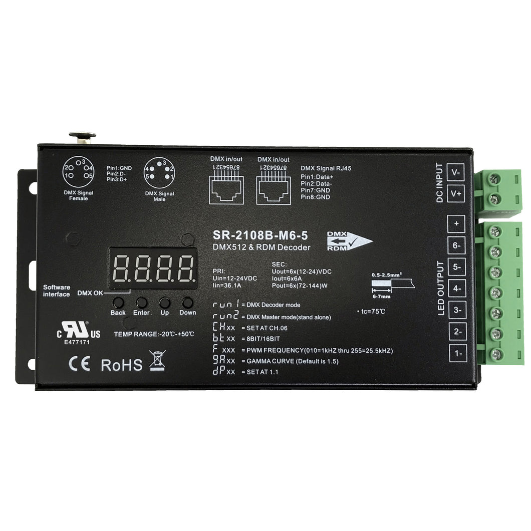 SIRS-E LED DMX RDM Decoder 6 Channel Stand Alone RGB & RGBW Controller 6A/CH, 12-24V DC, 432-864W, UL Recognized