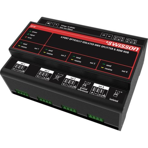 Swisson ISP-4R-DC-TERM ISP DMX RDM Optical Isolated Splitter & Booster, DIN Rail Mountable, 4 Outputs, Terminal