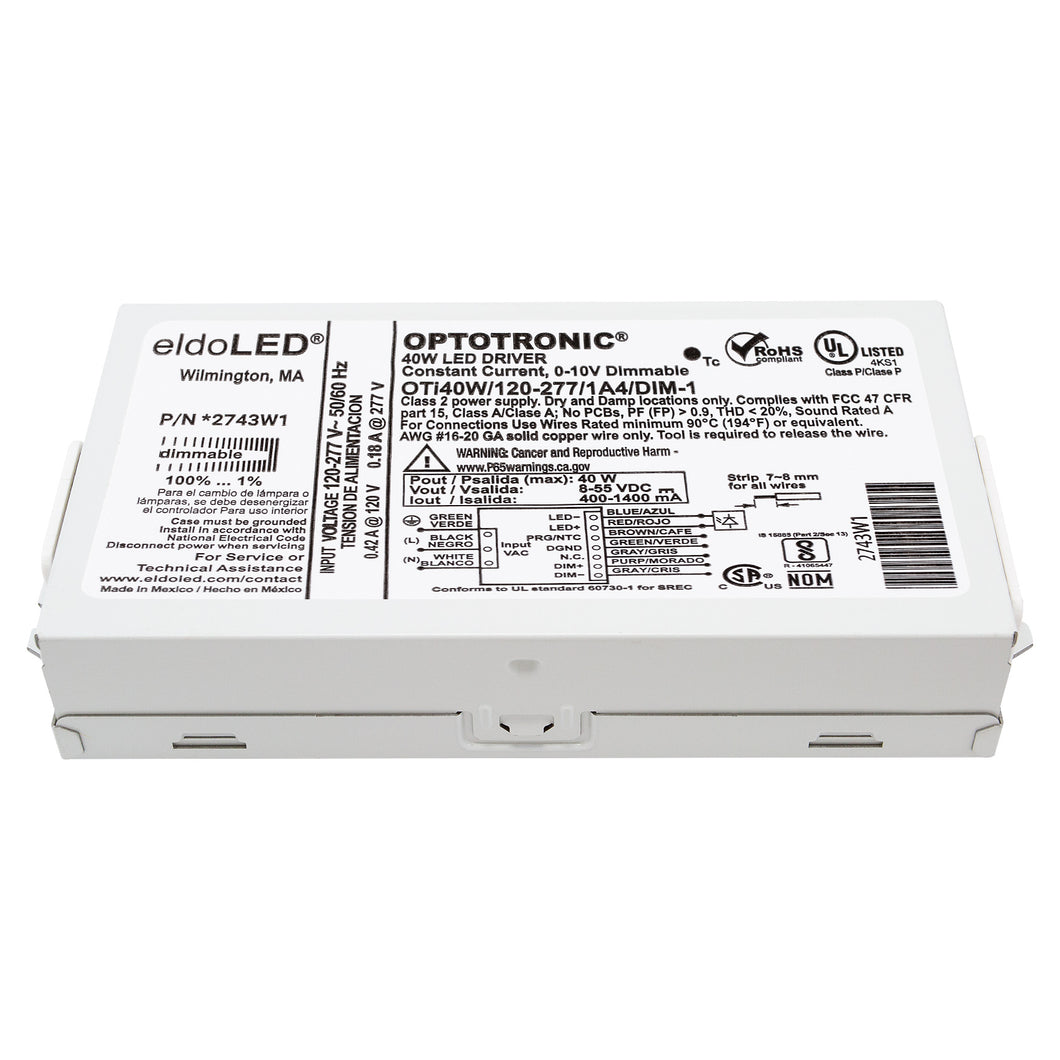 eldoLED *2743W1 OPTOTRONIC 40W Constant Current 0-10V Dimmable LED Driver, Programmable Compact OTi40W/120-277/1A4/DIM-1 (Osram 57351)