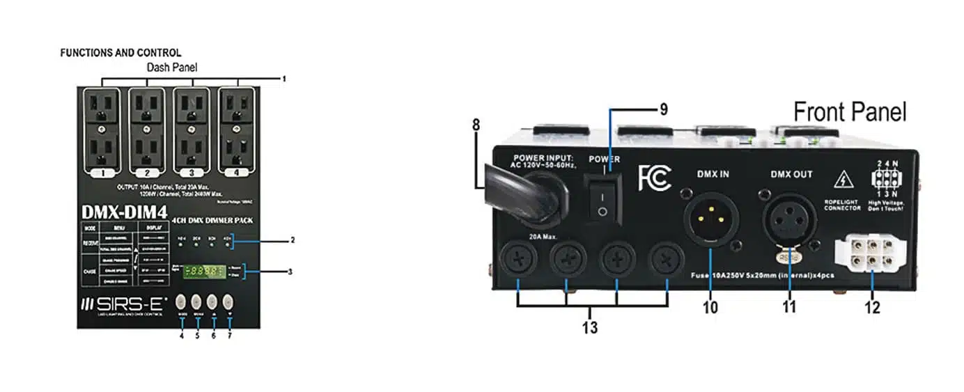 SIRS-E 4 Channel DMX Dimmer Pack Double Output Controls