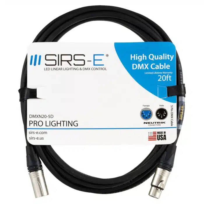 SIRS-E 20ft DMX 5 Pin XLR High Quality Flexible Lighting Cable, Made in USA