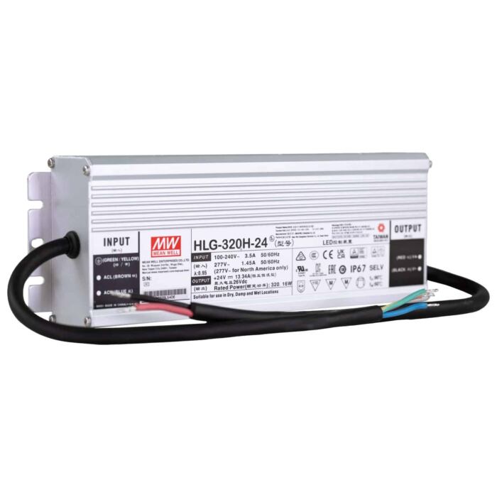 The Mean Well HLG-320H-24 LED Driver delivers 320W at 24V DC The Mean Well HLG-320H-24 LED Driver delivers 320W at 24V DC