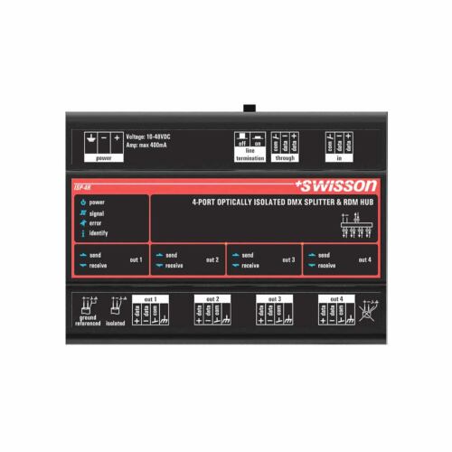 Swisson ISP-4R-DC-TERM ISP DMX RDM Optical Isolated Splitter & Booster, DIN Rail Mountable, 4 Outputs, Terminal Top View