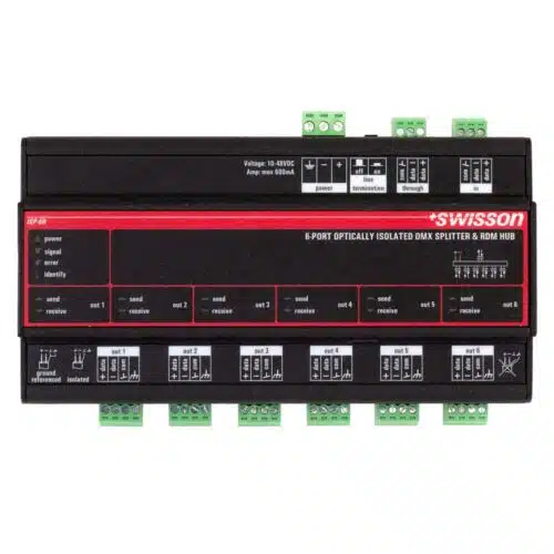 Swisson ISP-6R-TERM ISP DMX RDM Optical Isolated Splitter & Booster, DIN Rail Mountable, 6 Outputs, Terminal Top View