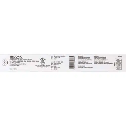 Tridonic Linear Excite NFC Series 75 Watts Constant Current LED Driver, 0-10V Dimmable LC 75/900-1800/54 0-10V NAX lp EXC2 UNV (87500850) Label