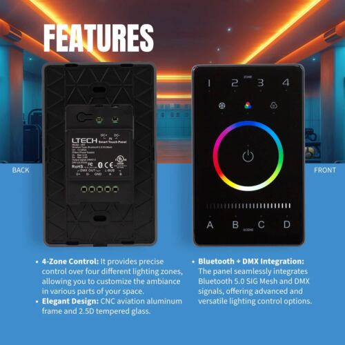 LTech UB4 RGBW DMX & Bluetooth Programmable Touch Panel Wall Mount LED Lighting Controller Features