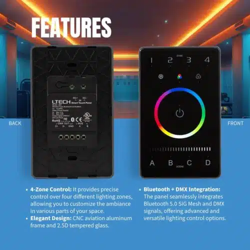 LTech UB4 RGBW DMX & Bluetooth Programmable Touch Panel Wall Mount LED Lighting Controller Features