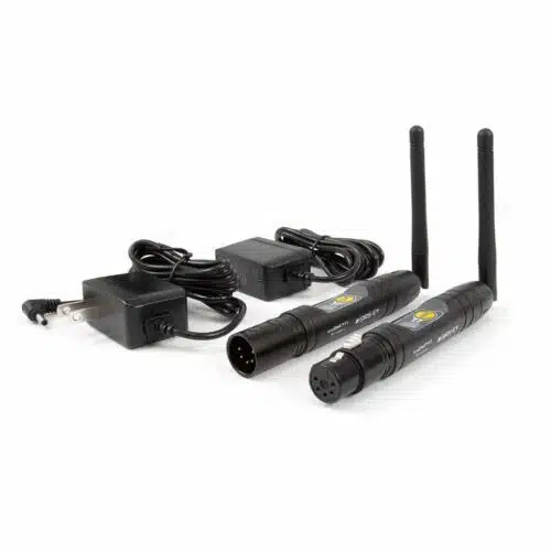 SIRS-E anyDMX V2 Wireless DMX Transmitter & Receiver Male and Female 5 Pin XLR Pair Side View