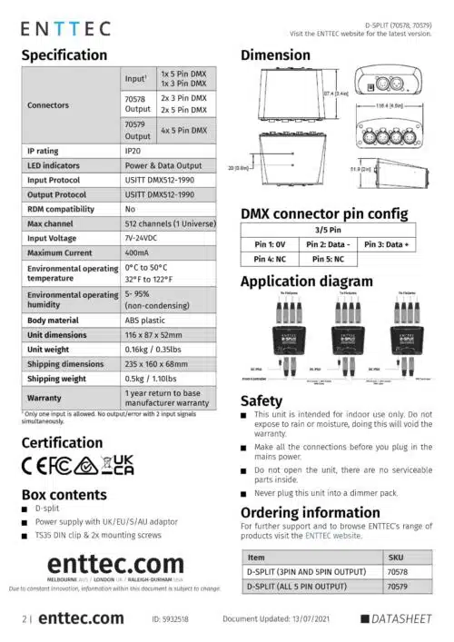 Enttec D-Split 70579, 4 Port DMX Isolated Splitter & Repeater (5-Pin)