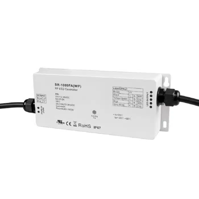 SIRS‑E® LED RF Receiver 4 Channel RGB & RGBW Waterproof IP67 Constant Voltage LED Controller, 5A/CH, 12-36V DC, 240-720W, UL Recognized